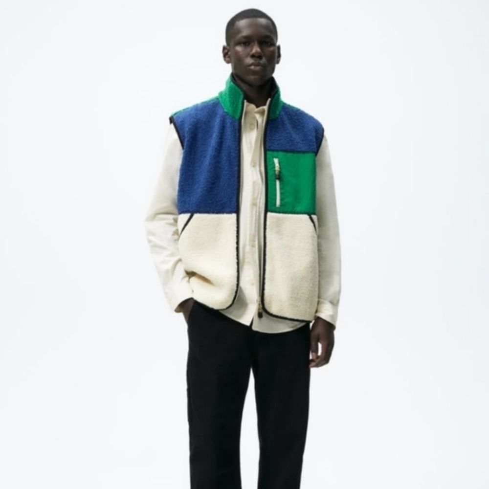 Zara Colorblock Sherpa Fleece Vest EUR 40 M Blue Teal Cream Full Zip Men's Retro